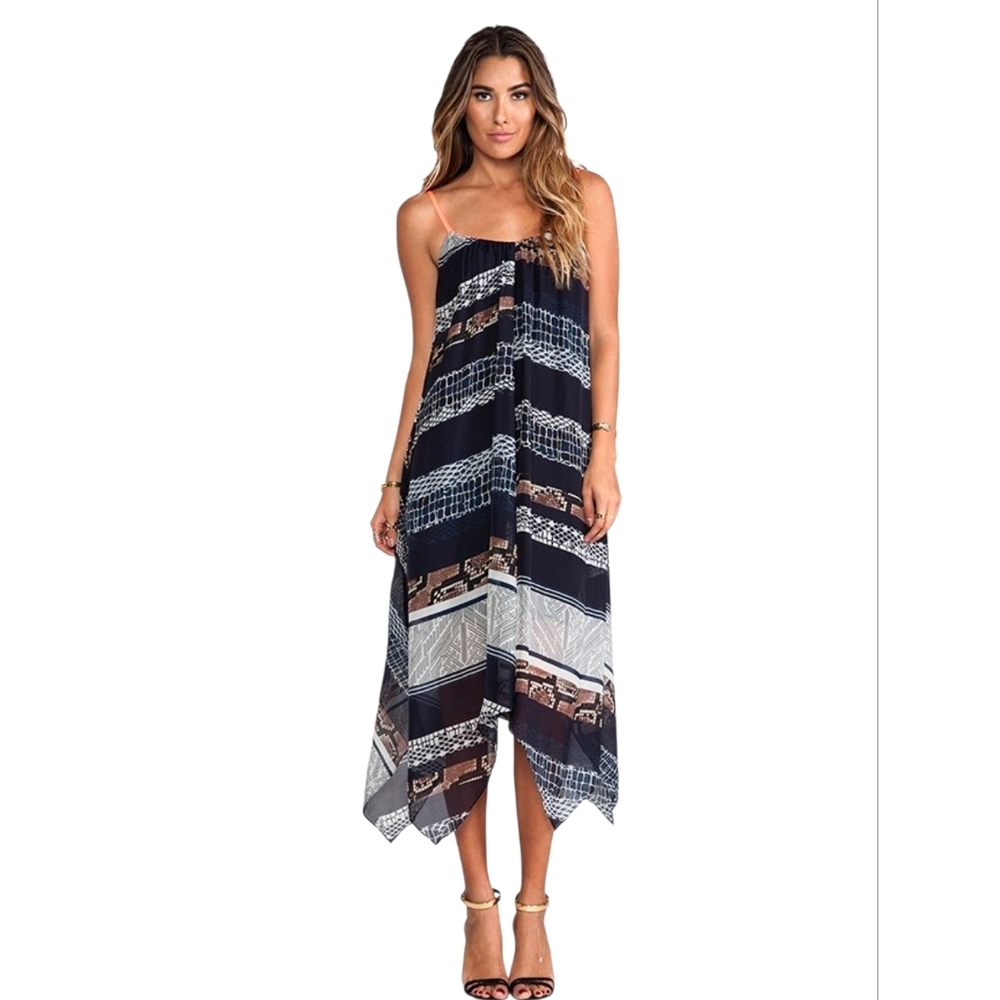 Twelfth Street by Cynthia Vincent Navy, White & Brown Asymmetrical Maxi Dress